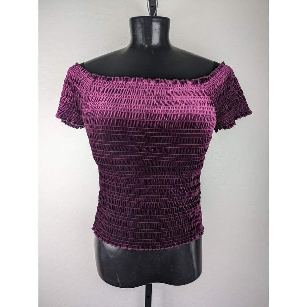 Aeropostale Purple Velvet Smocked Off The Shoulder Short Sleeve Top
